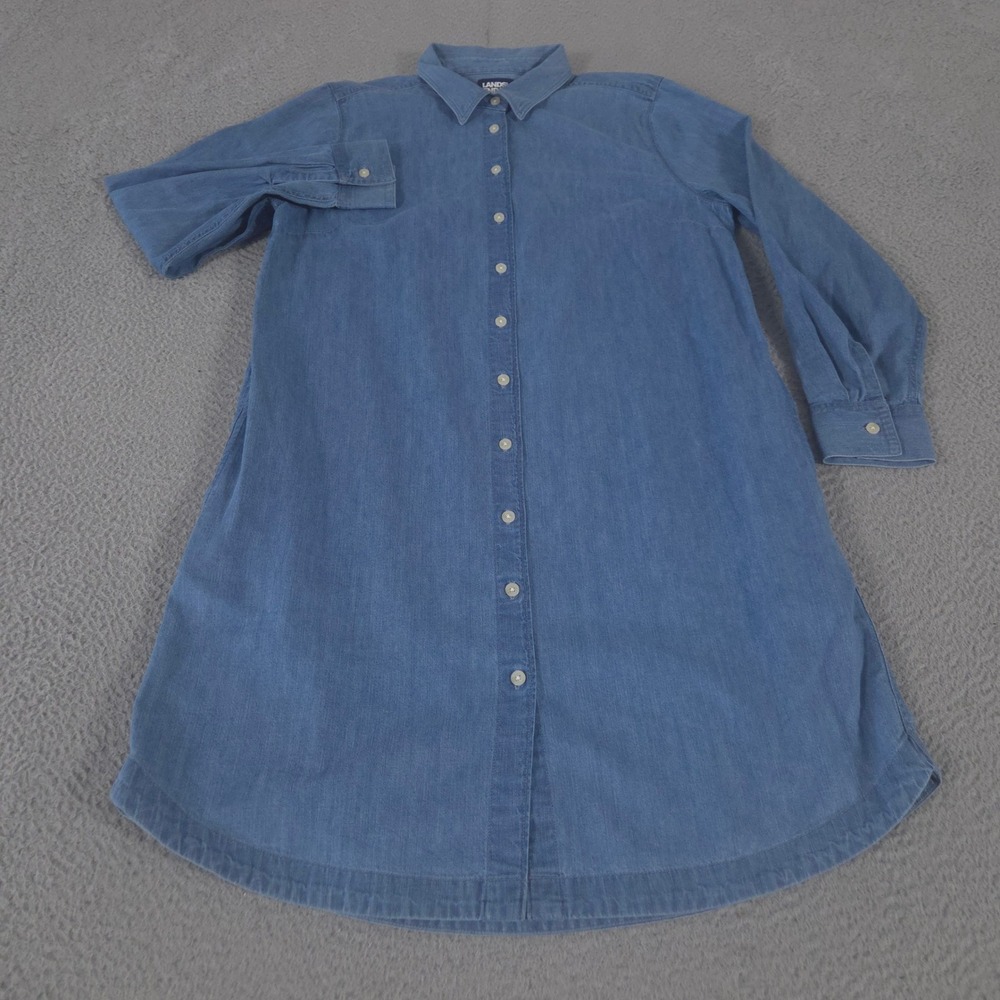 Lands' End Dress Womens M 10-12 Blue Denim Long Sleeve Shirt Button Front Cotton